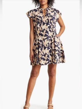 Ellen Tracy Notched Tie Neck Raglan Sleeve Linen Dress M